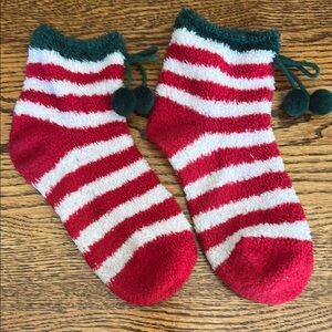 Festive Red and White Striped Fuzzy Christmas Socks